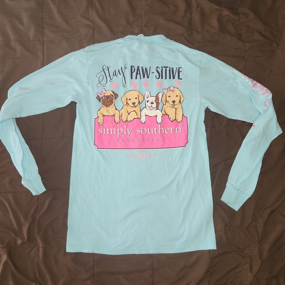 Simply Southern Shirt Womens Small Blue Pink Stay Paw-Sitive Puppy Long Sleeve